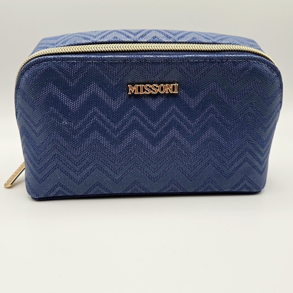 NEW Missoni Delta Luxury Blue Chevron Gold Logo Travel Cosmetic Case Bag